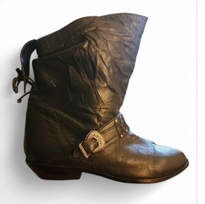 Vintage Black Slouch Leather Boots Western Buckle Detail Low Heel Women Size 6.5